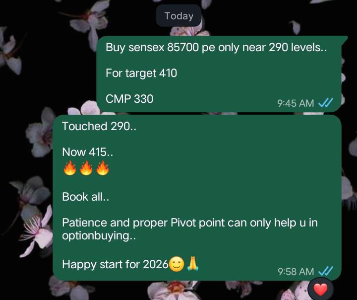 avishekBsomani's tweet image. View on #sensex 85700 pe shared today in my premium group👇 which 💥💣💥💣

#HappyNewYear2026 #januaryGreetings #CheersTo2026 #Nifty #banknifty #OptionsTrading #optionbuying #SwingTrading #StockMarketIndia #StocksInFocus #StocksToBuy #HappyNewYear #TradingCommunity