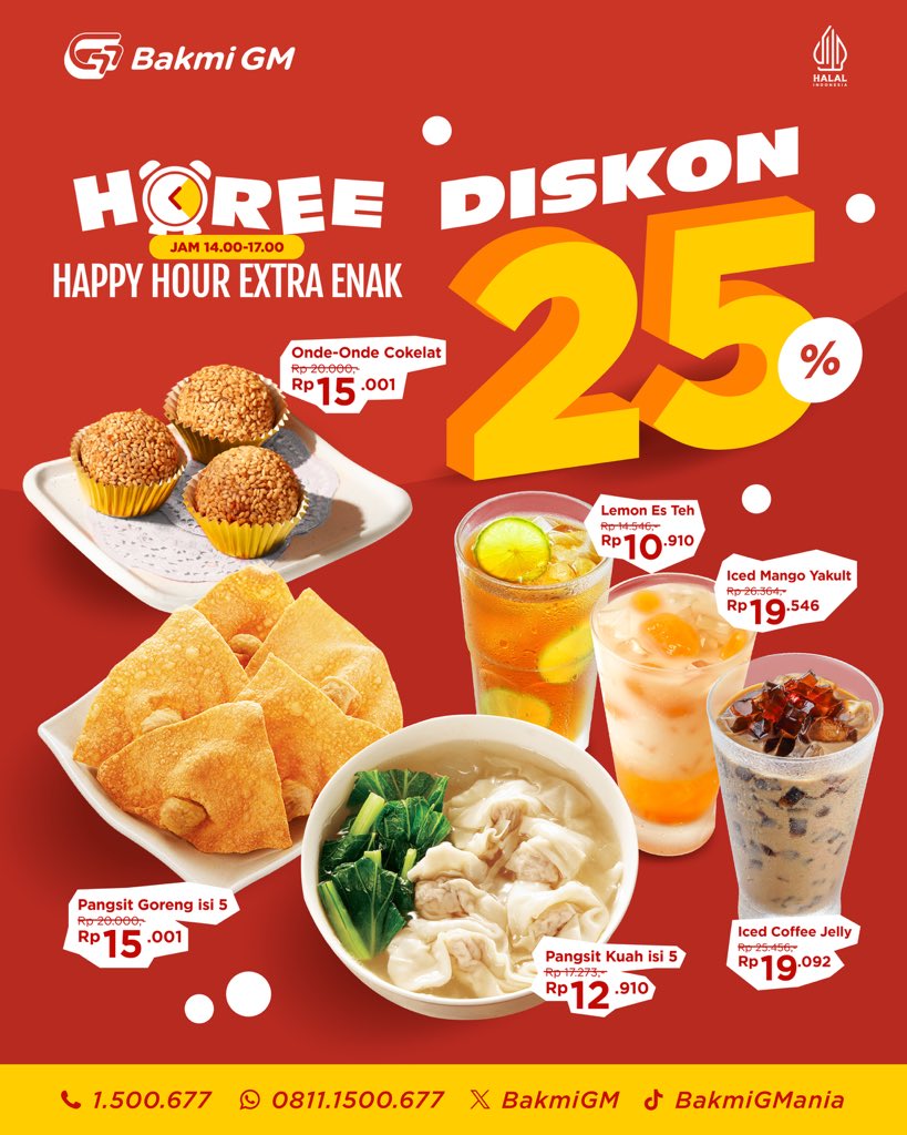 Sore jadi makin seru karena HOREE datang lagi! 🤩

Waktunya santai sambil nikmatin Happy Hour di Bakmi GM. Dari minuman segar sampai camilan favorit, semuanya pas buat nemenin waktu sore kamu 🍹🥟

Ajak geng ngemil kamu dan rasain serunya promo sore spesial ini bareng-bareng. ✨