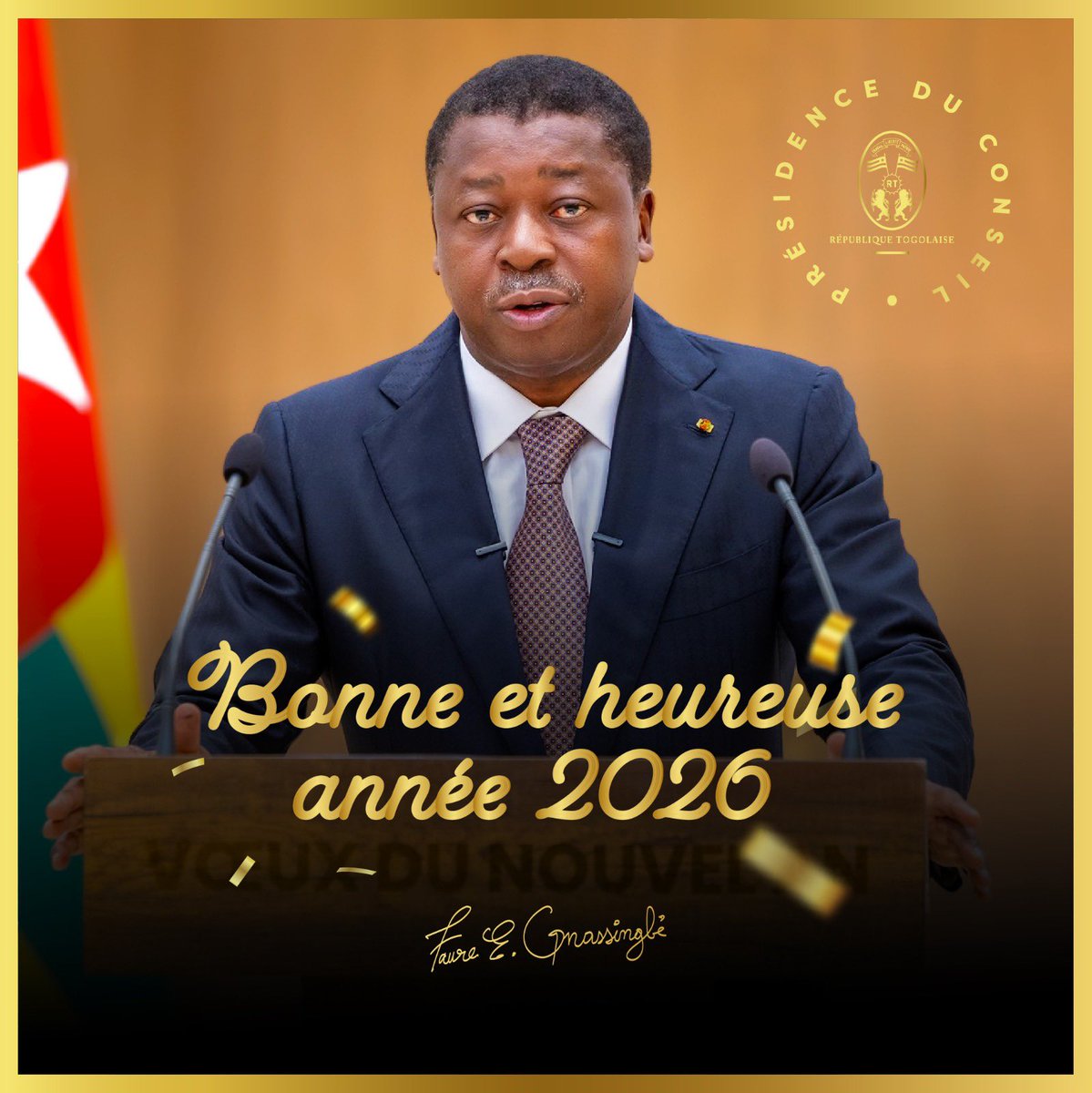 FEGnassingbe's tweet photo. Je forme le vœu que 2026 vous apporte la paix, la santé et la force d’avancer unis.

Que cette année soit, pour chaque famille et pour notre Nation, une année de progrès, de solidarité et d’espérance.

Que Dieu bénisse le #Togo, terre de nos aïeux.

Bonne et heureuse année 2026 !

FEG

#Voeux2026 
#VoeuxDuNouvelAn