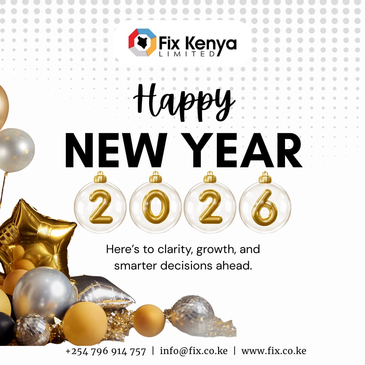 FixKenya's tweet image. Happy New Year 2026! 🎉

Here’s to clarity, growth &amp;amp; smarter decisions ahead. 
We are ready to help you navigate the new year with confidence.
Let’s get to work. 🚀

fix.co.ke

#FixKenya #NewYear2026 #Growth