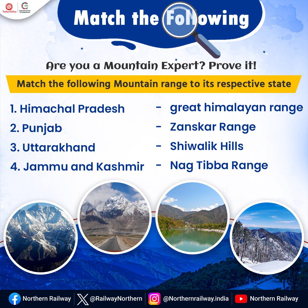 RailwayNorthern's tweet photo. Do you think you know it all about the mountains?
Match the following states with their famous hilly ranges and drop your answers in the comments below:
#MatchTheFollowing https://t.co/2N2Vz3v6aA