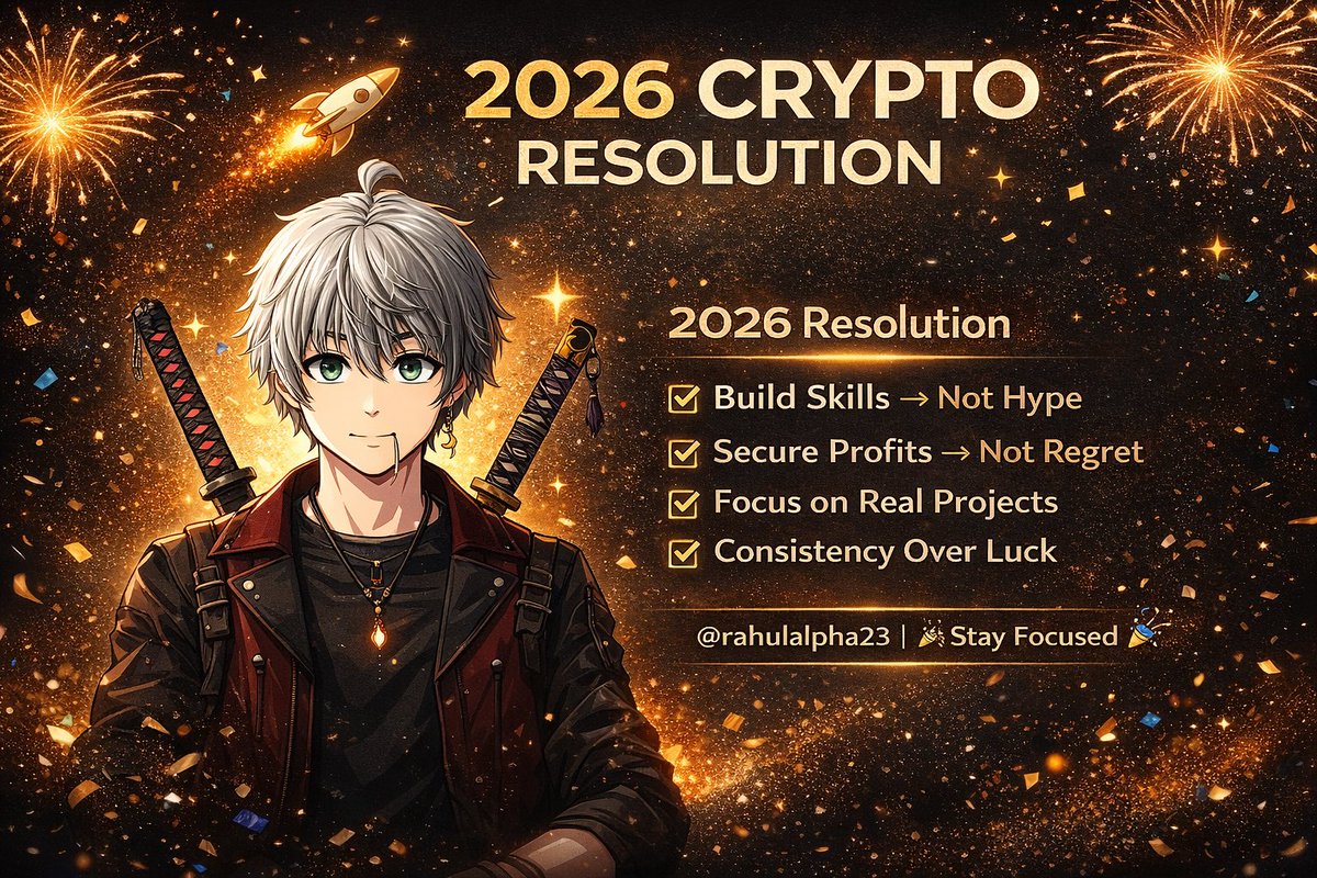 0xxrahul's tweet photo. 2026 is not just another year for me
It’s the year I take crypto seriously and build with intention.

This time I’m not chasing hype
I’m building discipline..!

My 2026 resolutions:

• Learn before investing
• Book profits on time
• Stop following influencers blindly
• Focus on real builders not trend chasers
• Track every trade and every mistake
• Improve skills → not just scroll feeds
• Build a clean portfolio I’m proud of
• Stay consistent even when the market isn’t

This time I’m not hoping to get lucky
I’m working to get better.

Manifesting in 2026:
📌 Smarter decisions
📌 Better opportunities
📌 Real growth
📌 Financial stability

2026 is the year I show up differently

Let’s build 🔥
#HappyNewYear2026