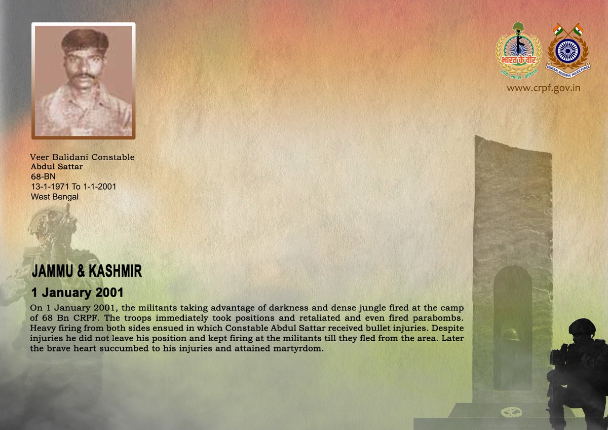 वीर बलिदानियों को श्रद्धांजलि!

1 जनवरी 2001 को जम्मू-कश्मीर में 68 बटालियन #CRPF के कैंप पर आतंकियों ने अंधेरे और घने जंगल का लाभ उठाते हुए हमला किया। जवानों ने तुरंत मोर्चा संभालकर सशक्त जवाबी कार्रवाई की। इस दौरान Ct/GD अब्दुल सत्तार गोली लगने से गंभीर रूप से घायल हुए, लेकिन