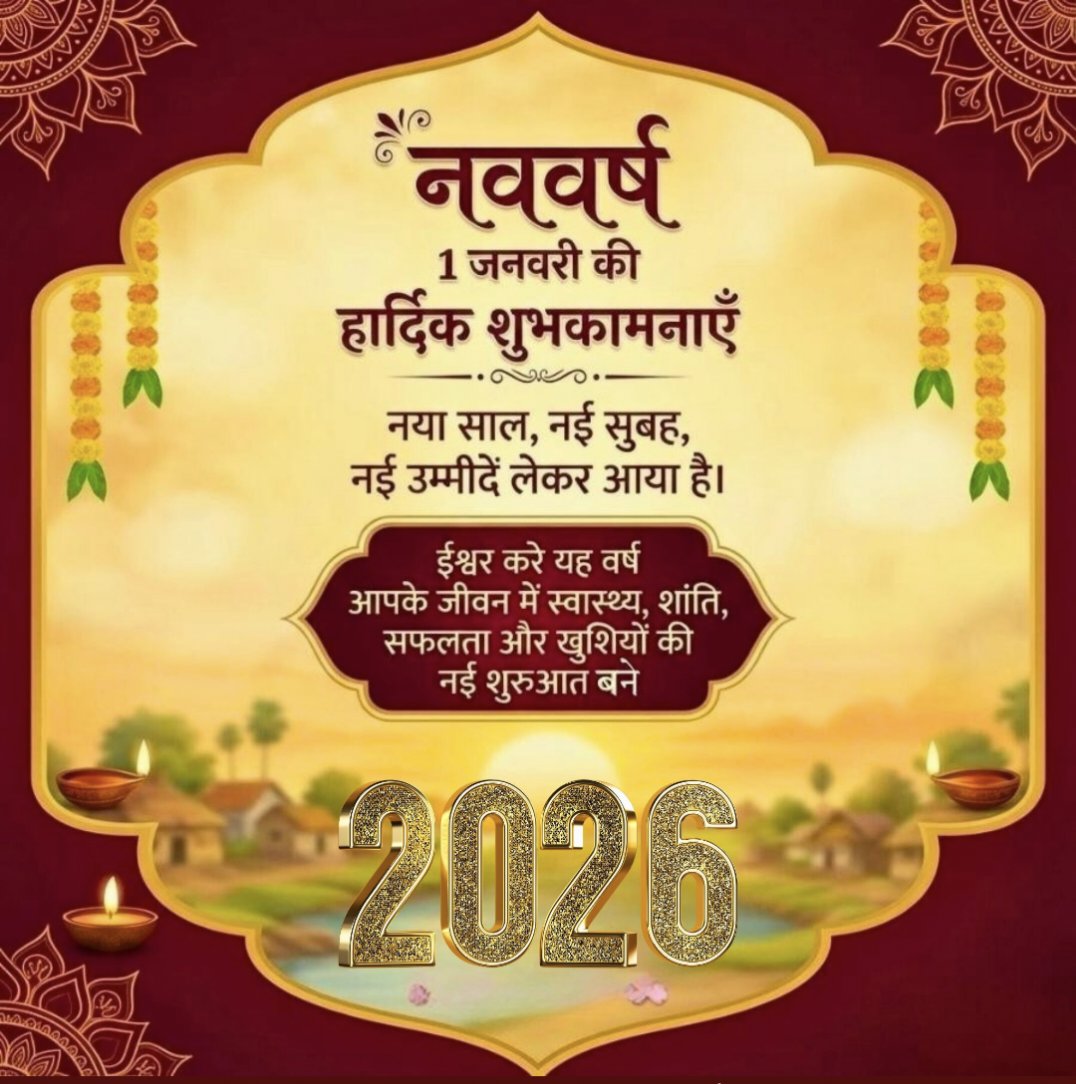 PushpamSPatel's tweet photo. नववर्ष 1 जनवरी की हार्दिक शुभकामनाएँ
नया साल, नई सुबह, नई उम्मीदें लेकर आया है।
ईश्वर करे यह वर्ष आपके जीवन में स्वास्थ्य, शांति, सफलता और खुशियों की नई शुरुआत बने https://t.co/ZpHca8Iv6L