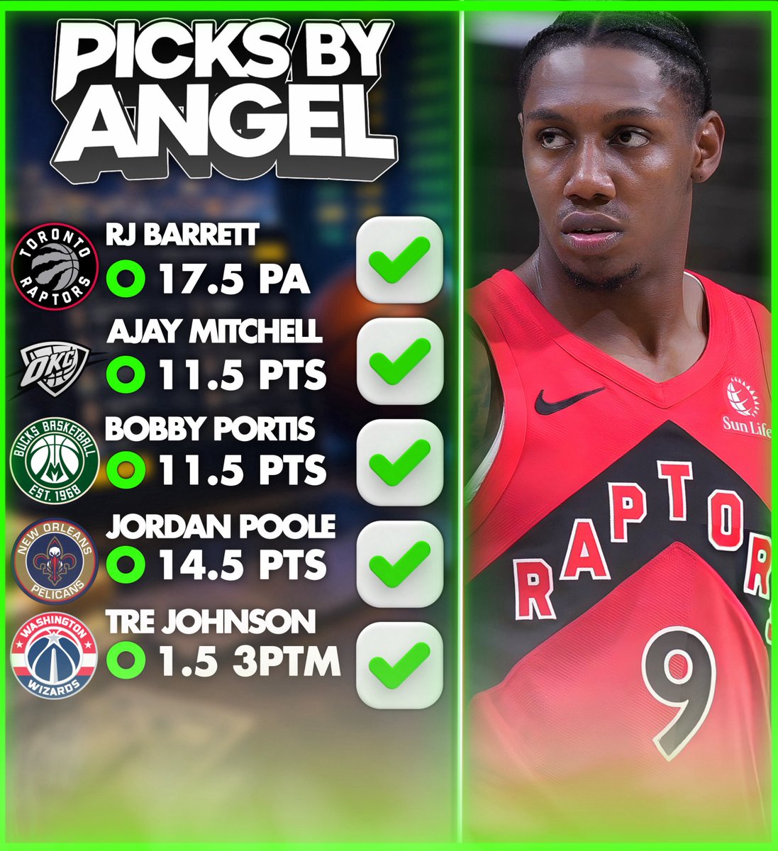 BLESSING 5 FOLLOWERS THAT LIKE/RT THIS TWEET 💰💙

5-0 NEW YEAR’S EVE SWEEP 🧹🤩

✅RJ Barrett O 17.5 PA        
✅Ajay Mitchell O 11.5 Points
✅Bobby Portis 12+ Points
✅Jordan Poole 15+ Points
✅Tre Johnson O 1.5 3PTM

11-3 RUN 💸

Have DMs open!

#GamblingX | #NBA