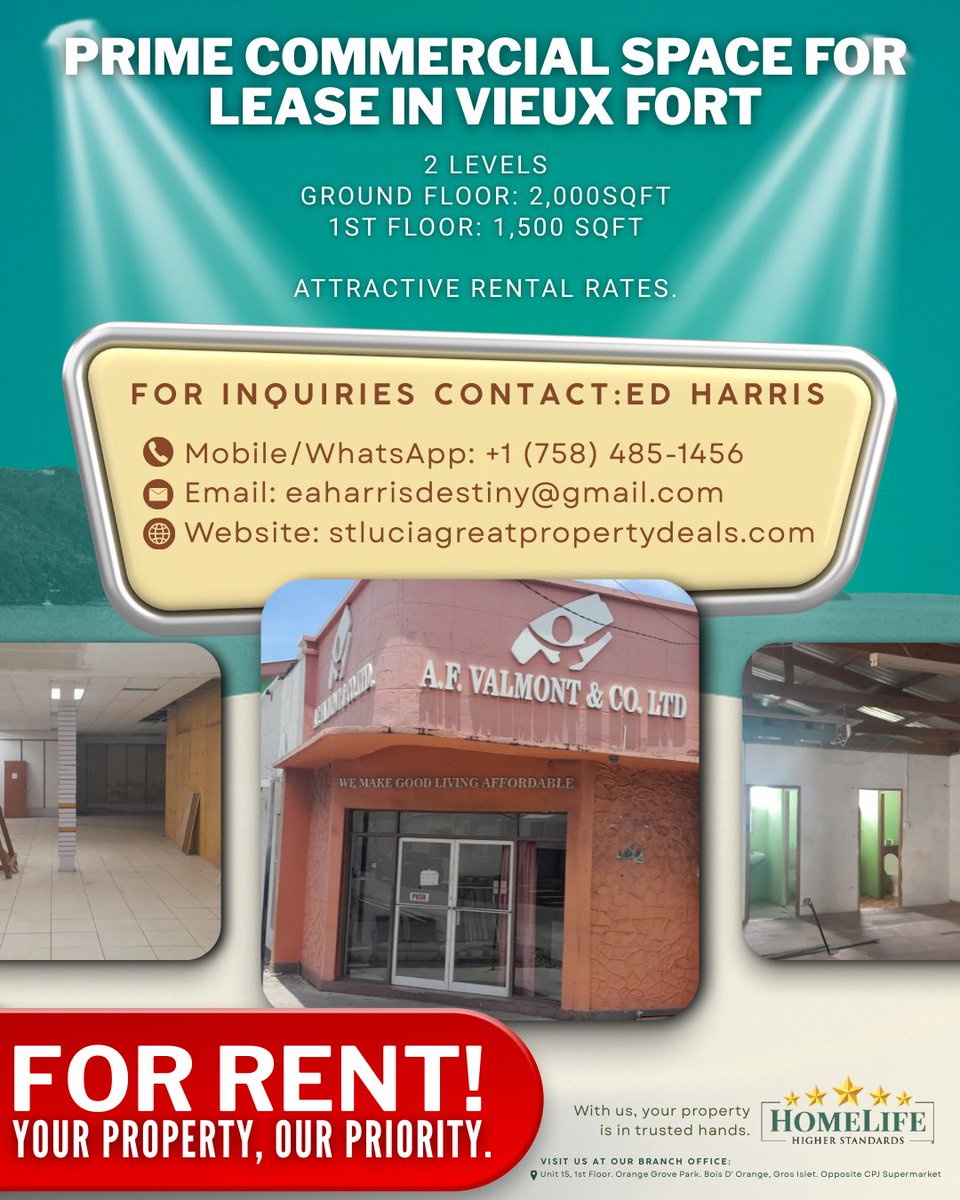 saintlucian's tweet image. PRIME COMMERCIAL SPACE FOR LEASE — VIEUX FORT 

Location: Commercial Street, Vieux Fort
• Ground Floor: 2,000 sqft
• First Floor: 1,500 sqft
Contact: (758) 485-1456
Email: eaharrisdestiny@gmail.com
Website: stluciagreatpropertydeals.com/c033-prime.../
#CommercialSpace #VieuxFort #PrimeLocation