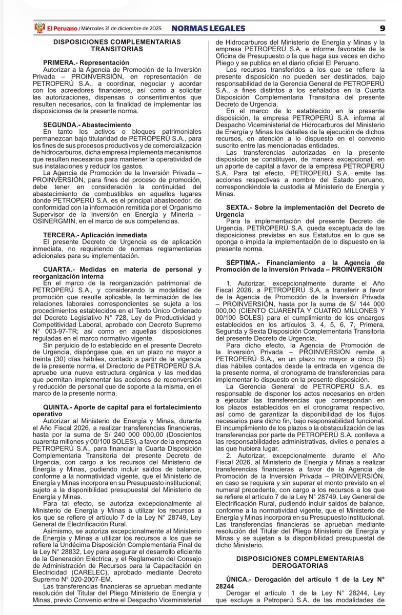 En plenas celebraciones por el #AñoNuevo, el gobierno emite un decreto de urgencia -en edición extraordinaria de El Peruano- sobre #PetroPerú y autoriza transferencias por S/ 240 millones. Vía <a href="/elcomercio_peru/">El Comercio</a>