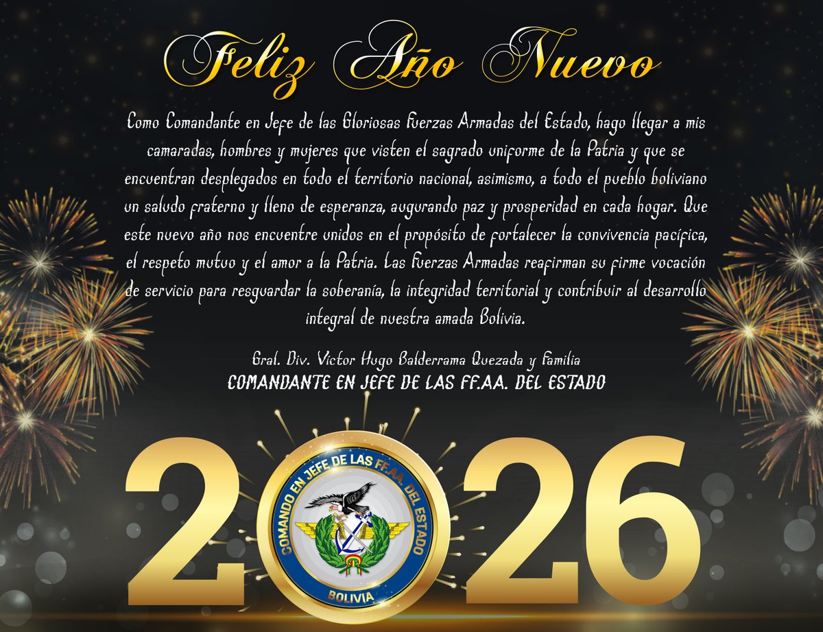 ComandoLas's tweet image. ¡FELIZ AÑO NUEVO A LA FAMILIA MILITAR BOLIVIANA!
🇧🇴#FFAAContigo #200añosdeservicioalapatria #bicentenariodelasffaa #ejercitodebolivia #armadaboliviana #fuerzaaereadebolivia #bicentenariodebolivia #añonuevo