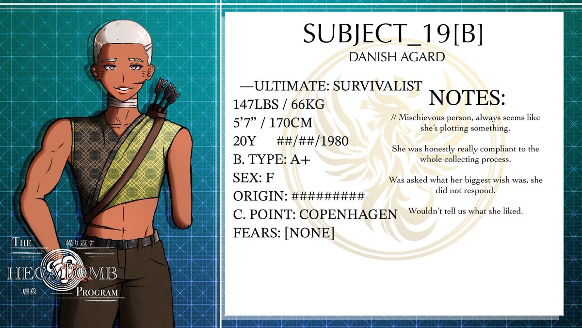 [SUBJECT_19[B]]
If I didn’t know any better, In would say the girl is mute. She didn’t speak to anyone.
#fanganronpa #fangan #thehecatombprogram