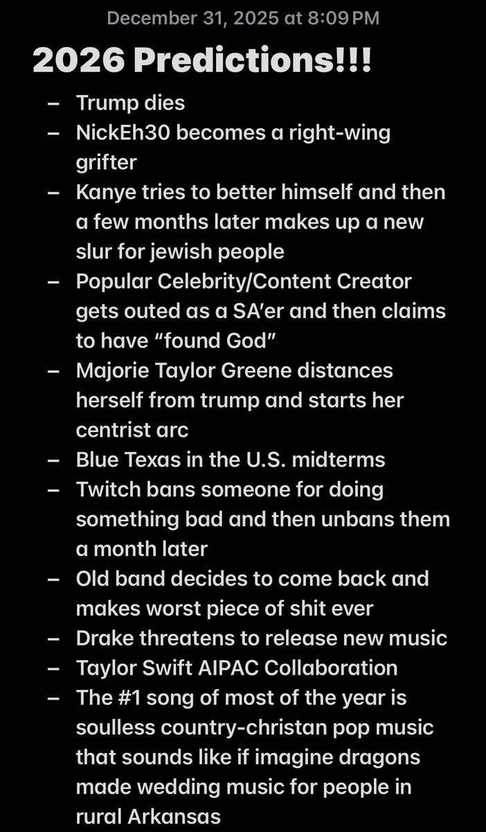 swaggga__'s tweet photo. 2026 predictions!! (can’t wait for all of these to age poorly) https://t.co/BN7B5zWnDD
