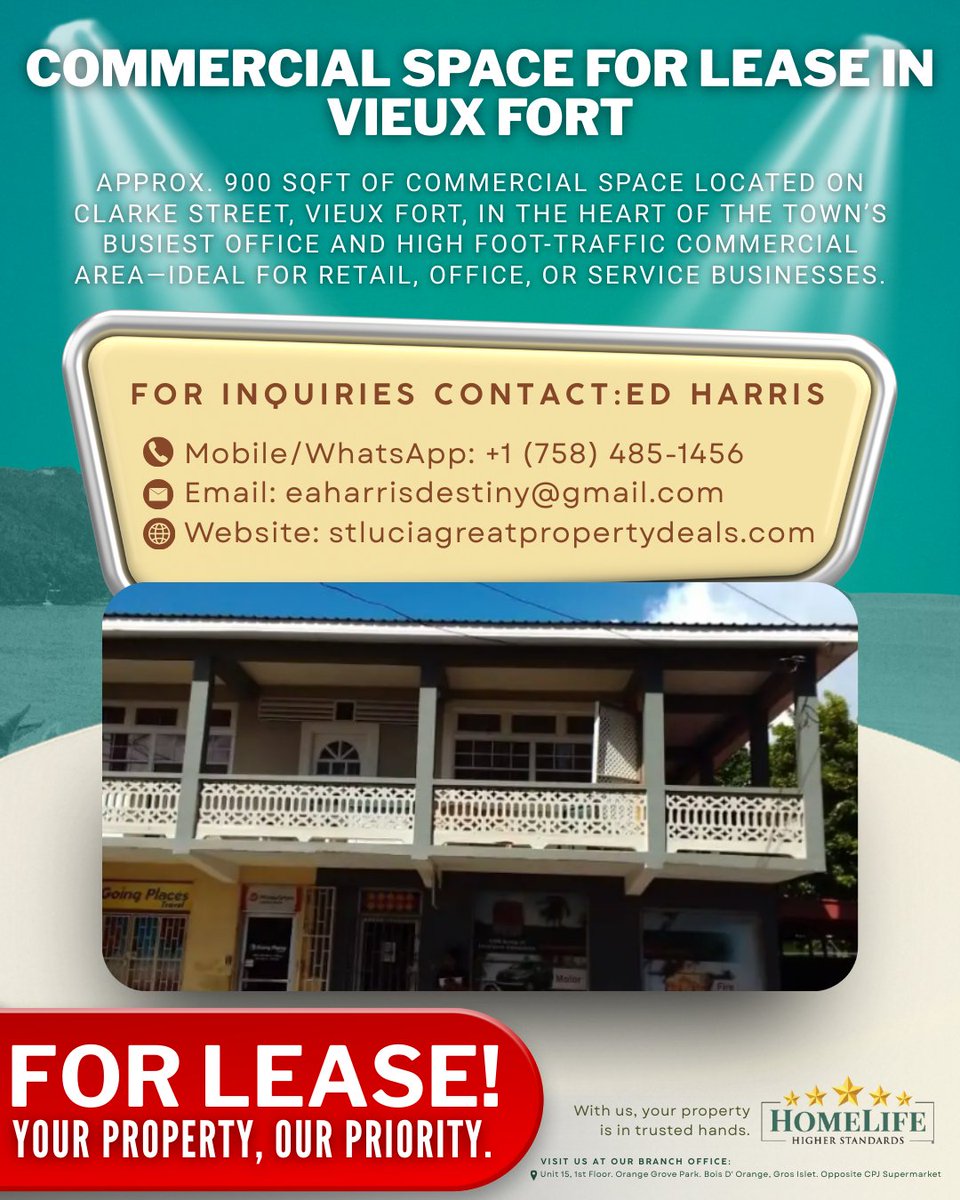 saintlucian's tweet image. 🏢🔥 COMMERCIAL SPACE FOR LEASE — VIEUX FORT 

📍 Location: Clarke Street, Vieux Fort
📐 Available Space: Approximately 900 sqft
💰 Price: NEGOTIABLE
📞 Contact: (758) 485-1456
📧 Email: eaharrisdestiny@gmail.com
🌐 Website: stluciagreatpropertydeals.com/c037-commercia…

#CommercialSpace #VieuxFort