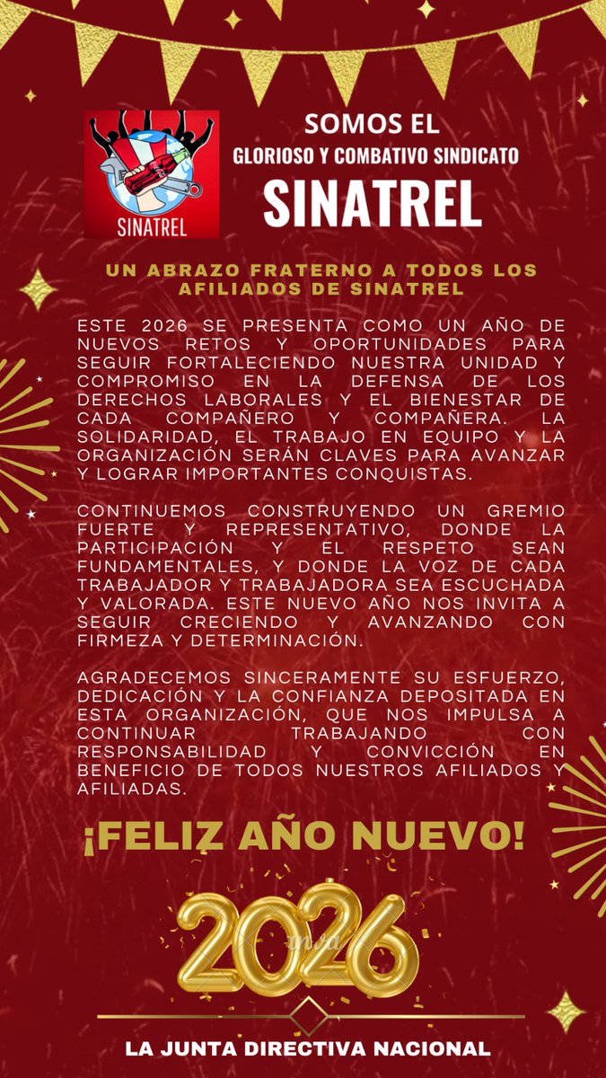 sinatrelperu's tweet photo. #FELIZ_AñO_NUEVO_2026 .🎇🎆🧨🍶🍺
Compañero y compañera de SINATREL deseamos que este nuevo año venga con muchas oportunidades que logren sus metas de cada uno de ustedes y sus familias.
Recuerden que SINATREL siempre estará con ustedes brindando https://t.co/1DtlX1WtvN