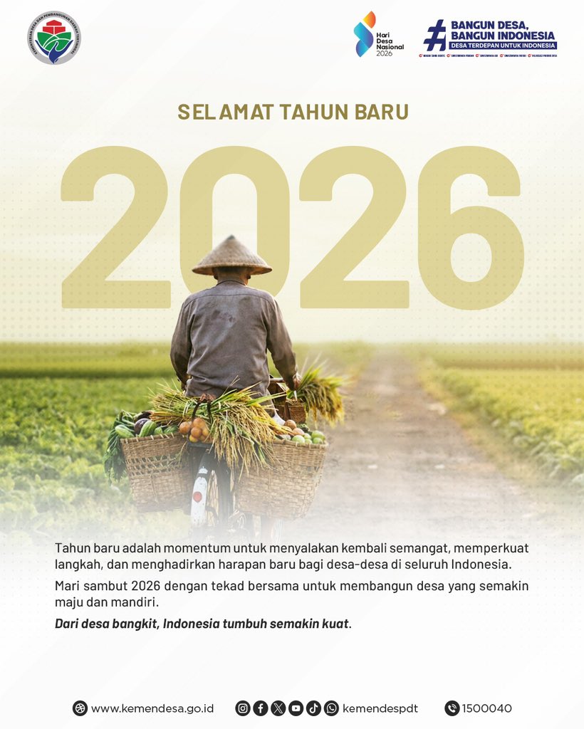 Tahun baru, harapan baru 🌱

Mari #SobatDesa melangkah bersama dalam membangun desa, membangun Indonesia!

#KemendesPDT
#BangunDesaBangunIndonesia