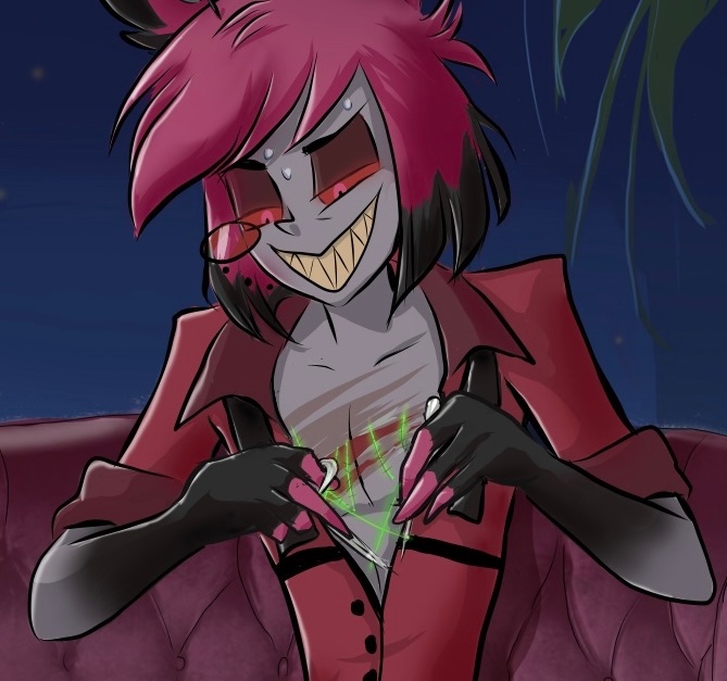 When there's no doctor in the hous-- hotel, so you have to redo your stitches yourself.

"Hopefully this will hold!" ⭐️
#hazbinhotel #alastor #hazbinhotelfanart #alastortheradiodemon #vivziepop #hazbinhotelalastor