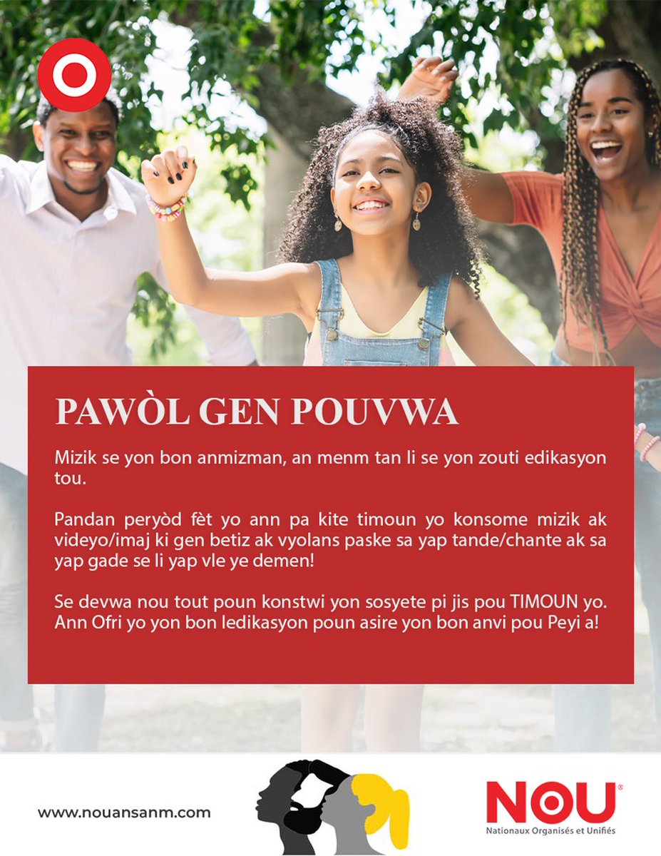 NouAnsanm's tweet image. 𝐏𝐀𝐖Ò𝐋 𝐆𝐄𝐍 𝐏𝐎𝐔𝐕𝐖𝐀

Mizik se yon bon anmizman, an menm tan li se yon zouti edikasyon tou.

Pandan peryòd fèt yo ann pa kite timoun yo konsome mizik ak videyo/imaj ki gen betiz ak vyolans paske sa yo ap tande/chante ak sa yap gade se li yap vle ye demen!