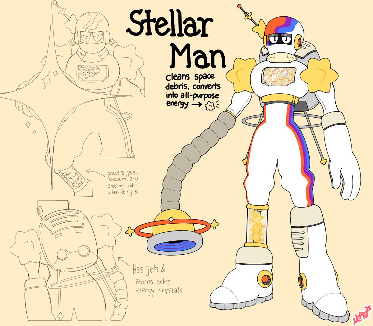 Entry: Stellar Man

Intro: A robot that sucks up any scrap or debris in the thermosphere, converting it into all-purpose energy in the form of crystals. Can fire them in case of an emergency! Terse &amp; indifferent personality.

Pen Name: SunshineNoka

#MegaManDO #DesignARobotMaster
