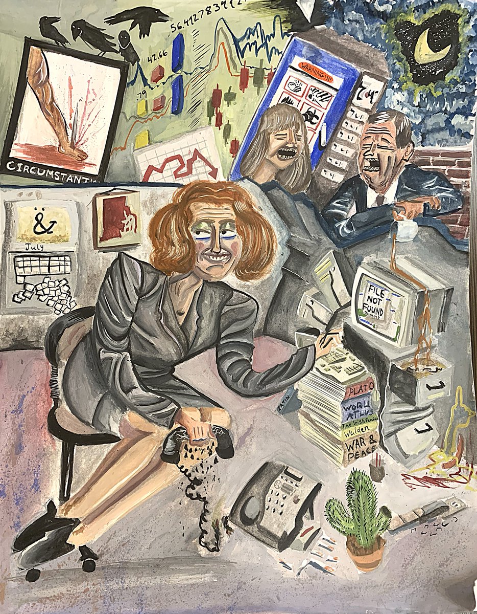 Hyperjamster's tweet image. Another painting I did earlier this year, had it shown at a student art show which was nice. The canvas started to warp since I painted it on foam, so at least looked different then the other pieces at the show.