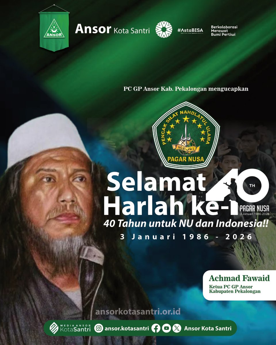 Selamat Harlah ke-40 Pagar Nusa
3 Januari 1986 – 2026

Empat dekade Pagar Nusa berdiri tegak sebagai benteng tradisi, penjaga nilai, dan penguat jati diri Nahdlatul Ulama.