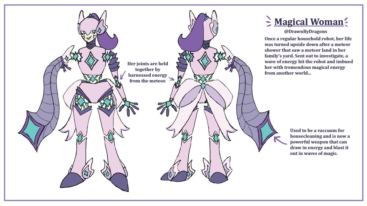drawnbydragons's tweet photo. My entry for the Robot Master Design contest! #MegaManDO #DesignARobotMaster
Title of Design: Magical Woman
Intro: Once a household robot, she's now powered by magical energy from a strange meteor...
Pen Name: DrawnByDragons https://t.co/MrRsx9ffno