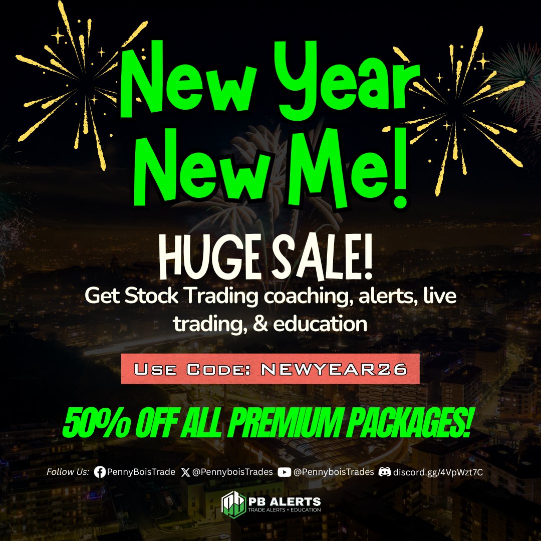 New Year. New Me. New Trades. 🚀
Start 2026 strong with 50% OFF all premium trading packages coaching, alerts, live trading, and education.
👉 pennybo.is/NewYears26

💥 Use Code NEWYEAR26 at checkout