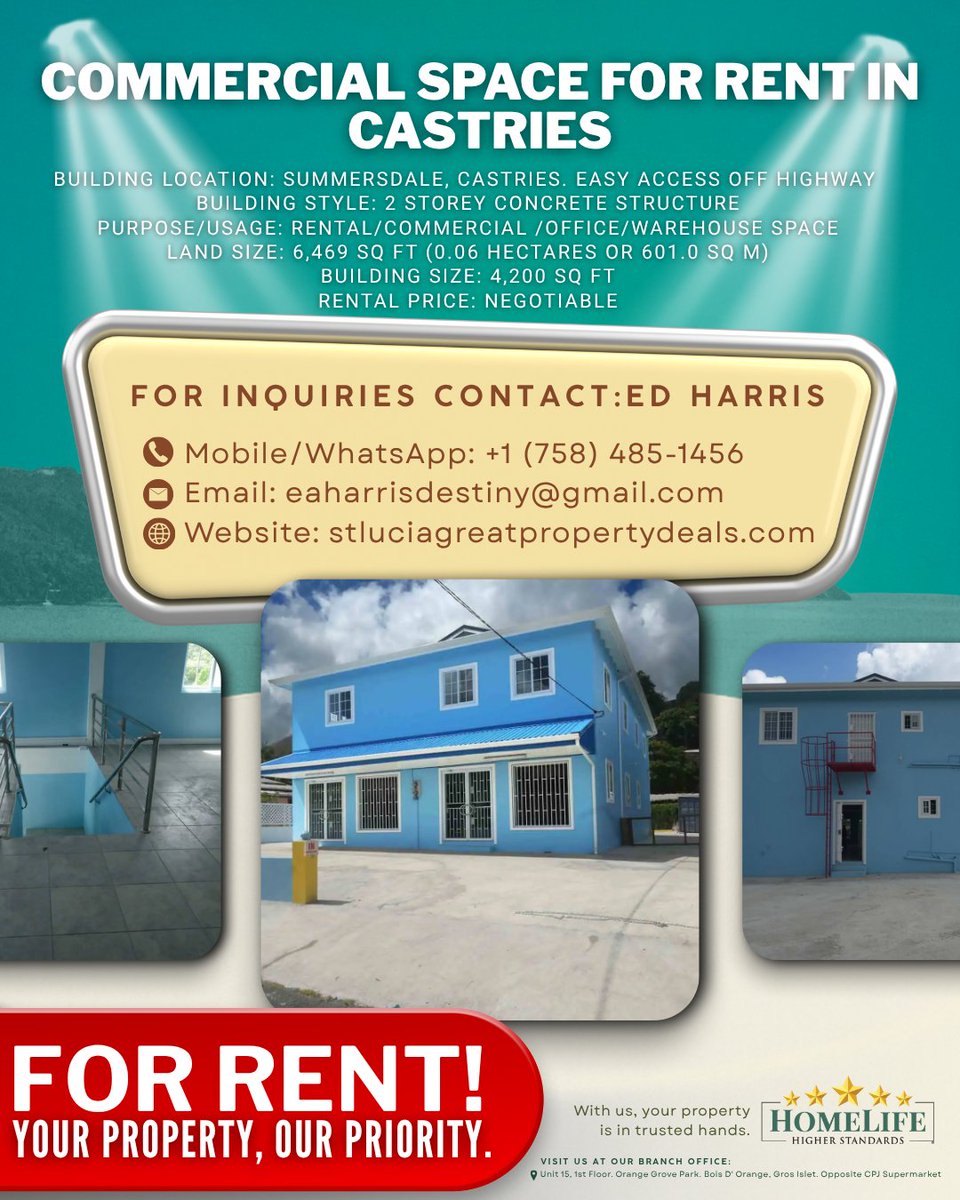 saintlucian's tweet image. 🏢✨ COMMERCIAL SPACE FOR RENT / SALE — CASTRIES 

📍 Location: Summersdale, Castries
🏗 Building Style: 2-storey concrete structure
🏢 Building Size: 4,200 sqf
📞 Contact: (758) 485-1456
📧 Email: eaharrisdestiny@gmail.com
🌐 Website: stluciagreatpropertydeals.com/c032-commercia…

#CommercialSpace