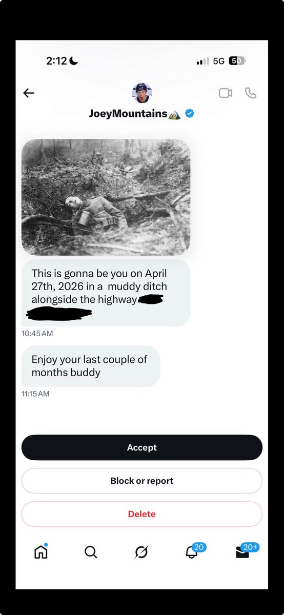 JdDelay5150's tweet photo. This was sent to Nick Shirley.
I wanna make it perfectly clear that if anybody does anything to him, me, and all of my people will make it our life mission to see them burn.
Take that however you need to. https://t.co/yH9W8CMcXw