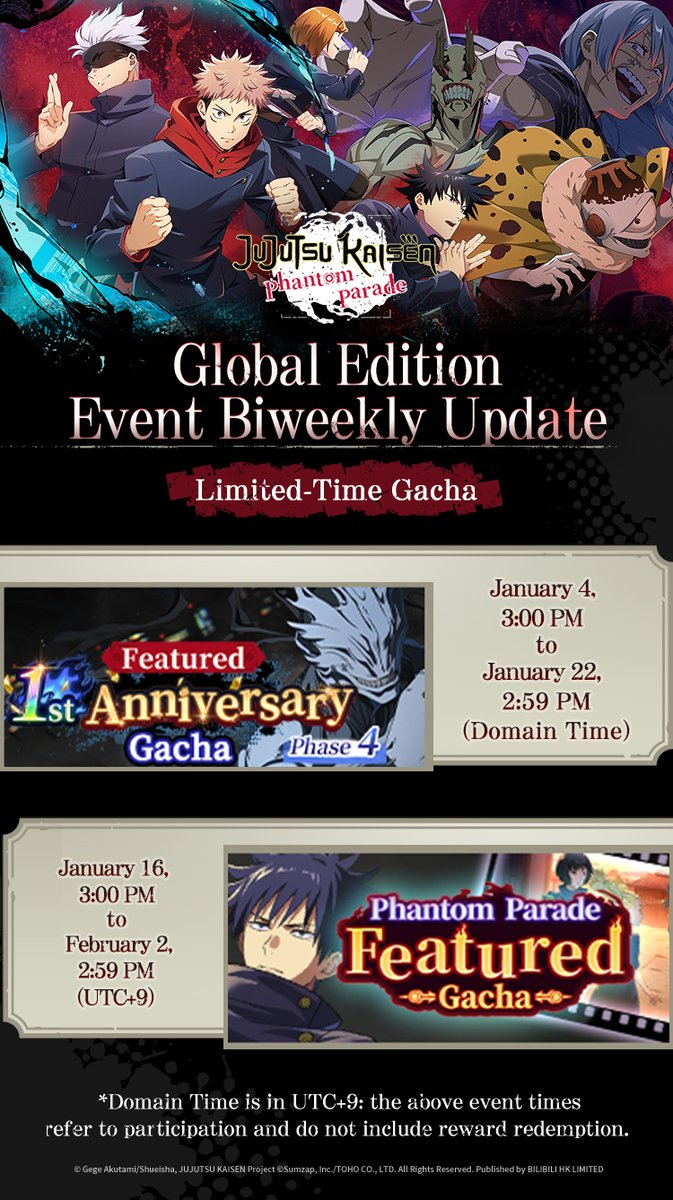 JJKPP_GL's tweet image. ◤#JujutsuKaisenPhantomParade◢
＼Global Edition Latest Events Preview／

Today, we will unveil the latest in-game events!
Please see the image for the event schedule and details.
Stay tuned!

Notes
・The event period and contents may be changed without any prior notice.…
