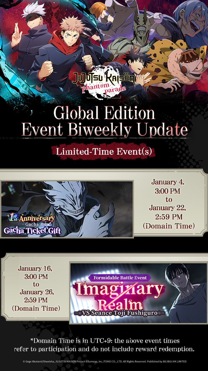 JJKPP_GL's tweet image. ◤#JujutsuKaisenPhantomParade◢
＼Global Edition Latest Events Preview／

Today, we will unveil the latest in-game events!
Please see the image for the event schedule and details.
Stay tuned!

Notes
・The event period and contents may be changed without any prior notice.…