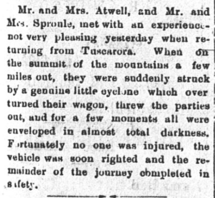 HistoryNevada's tweet image. The Dec 31, 1887 Alta California reported that a snowstorm hit central Nevada, and the wind tipped a vehicle carrying Elko County Sheriff Atwell, the editor of the Free Press (C H Sproule), and their spouses. bit.ly/2L7OsYQ
And in the Dec 30, 1887 Elko Independent.