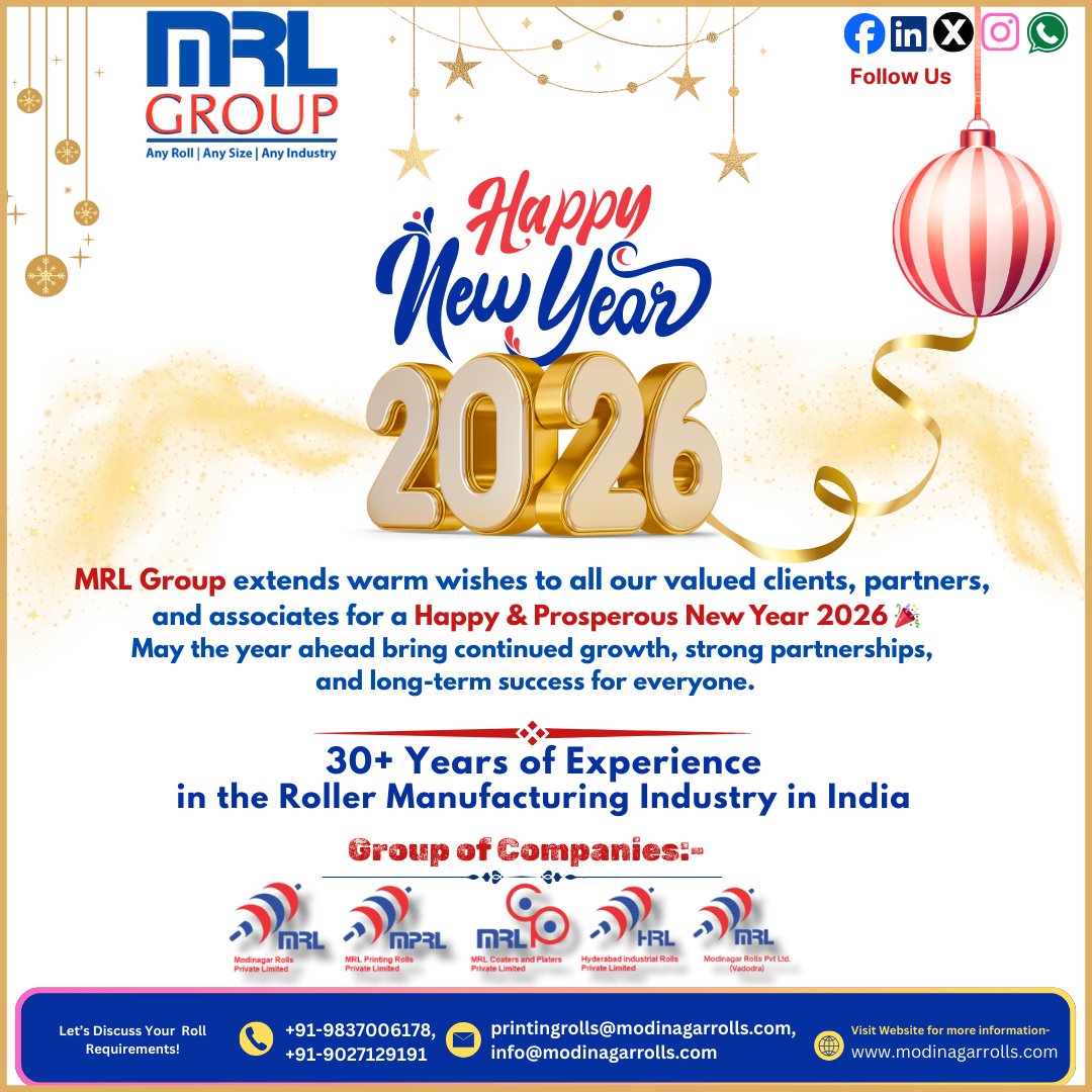 modinagarrolls's tweet image. 🎉 Happy New Year 2026!

Celebrating 30+ years of excellence in roller manufacturing.
Serving India’s core industries with precision &amp;amp; performance.
🌐 modinagarrolls.com
#HappyNewYear2026 #ModinagarRolls #MRLGroup #IndustrialRollers #MadeInIndia