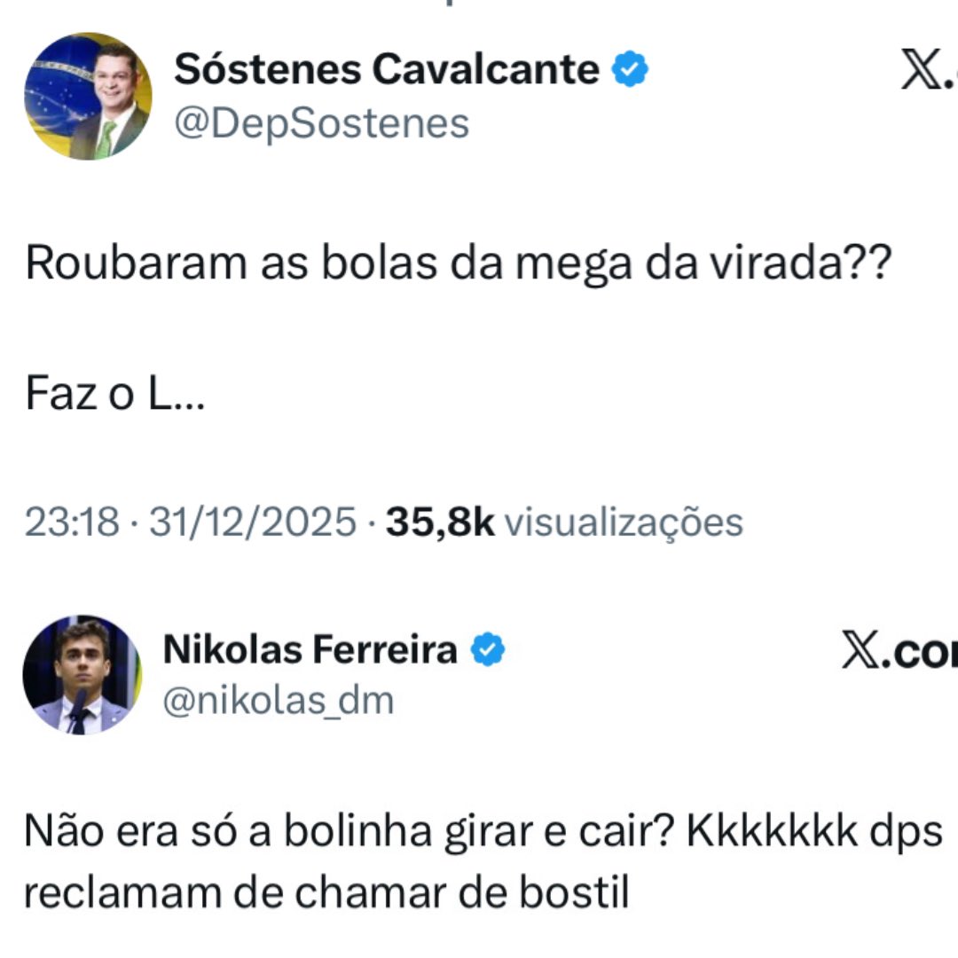 cassioolivveira's tweet image. Nikolas Ferreira e Sóstenes Cavalcanti já começaram o ano de 2026 espalhando desinformação sobre o sorteio da Mega da Virada insinuando manipulação, enquanto chamam o Brasil de "Bostil".

A Caixa comunicou oficialmente que, devido a problemas técnicos causados pelo volume recorde…