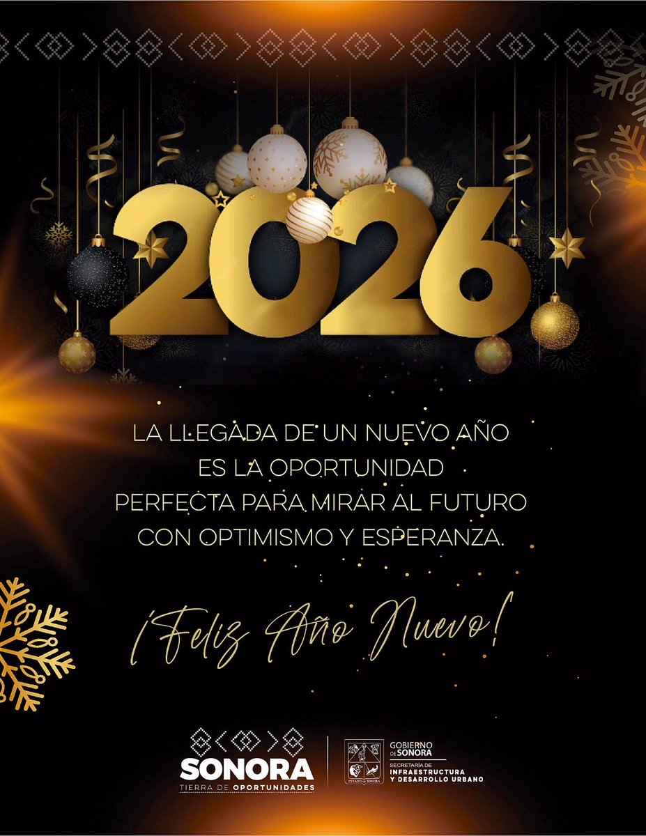 SidurSonora's tweet photo. Que el próximo año traiga más logros y proyectos exitosos para el beneficio de las y los sonorenses 🙌🏽

Feliz año nuevo 2026 🎊 https://t.co/jaO9lZjgGR