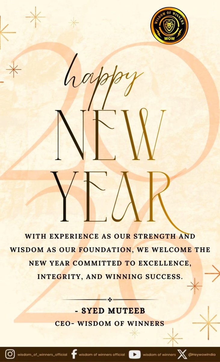 HeywowIndia's tweet photo. Happy New Year from WISDOM OF WINNERS!🎊

Welcoming the New Year with experience as our strength and wisdom as our foundation....🙌
Here’s to excellence, integrity, and winning success in 2026✨

#HappyNewYear2026 #WisdomOfWinners #WOW #BusinessGrowth #Excellence#NewBeginnings https://t.co/d2H5GapyFY