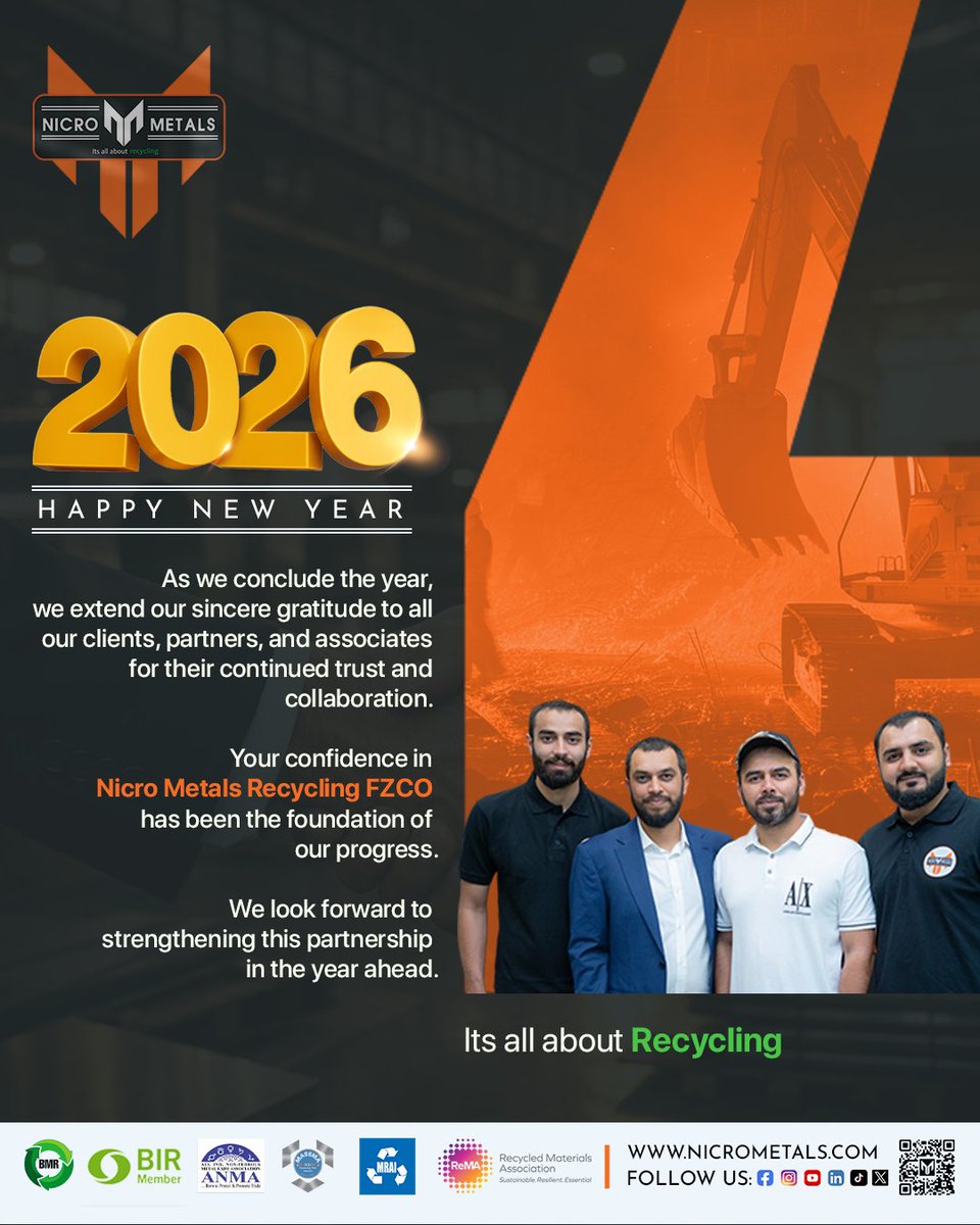 Nicrometals's tweet photo. As we step into a new year, 
We extend our sincere gratitude to our valued clients, partners, and associates for their continued trust and collaboration.

Wishing you continued success and prosperity.♻️

#NicroMetals #HappyNewYear2026 #TrustedPartnerships #SustainableGrowth https://t.co/8ib4XEH1WS