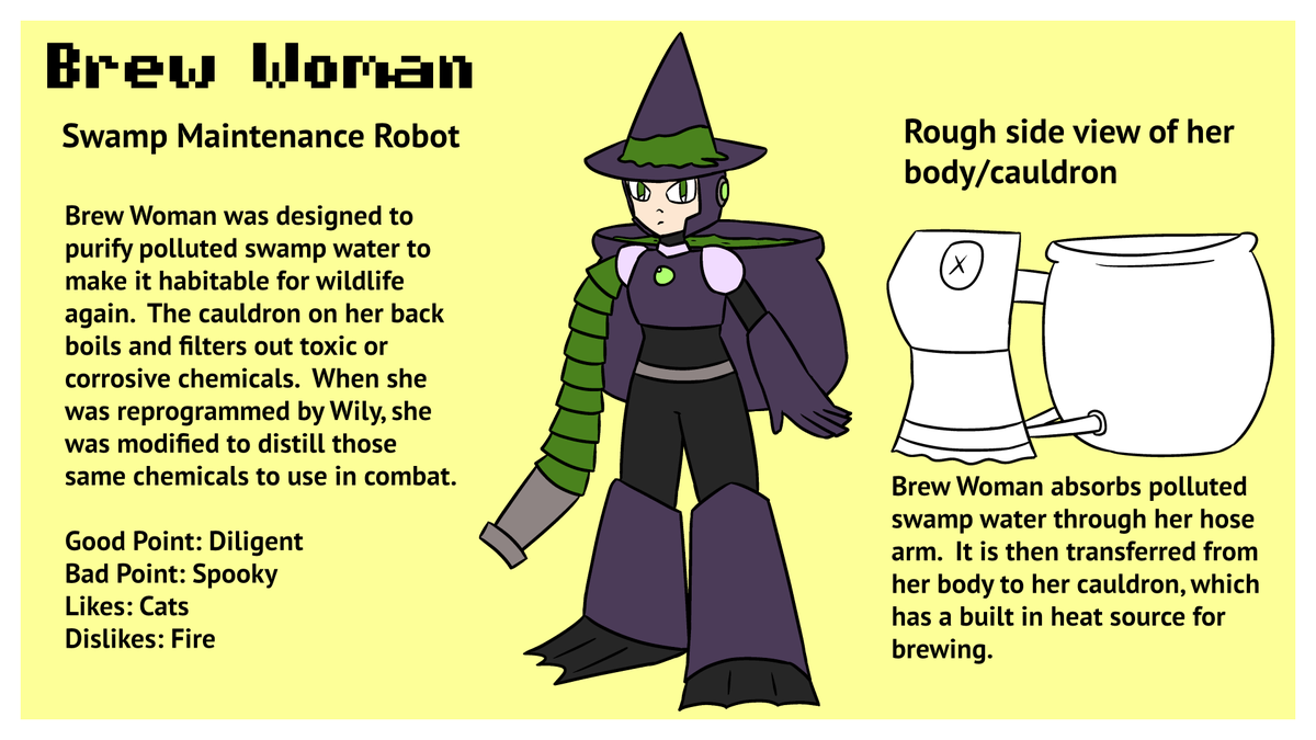 TheDPrototype's tweet photo. My submission to the robot master contest, Brew Woman.  She uses her hose arm to siphon swamp water into the cauldron on her back.

Pen Name: D-Prototype
#megamanDO #DesignARobotMaster https://t.co/iEdciiQyDx