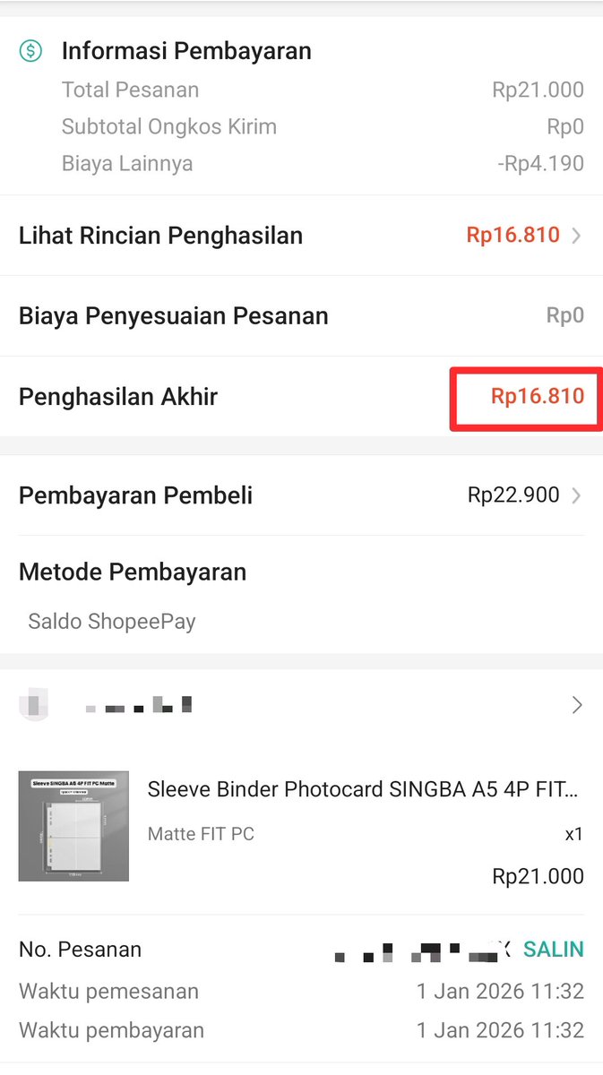 admin shopee mahal banget sekarang, kalian bayar 21k di shopee untuk 1 pack binder tapi total yang masuk di aku cuma 16.810 belum  dipotong biaya packing pake yellow board bubble dan polymailer 🥲