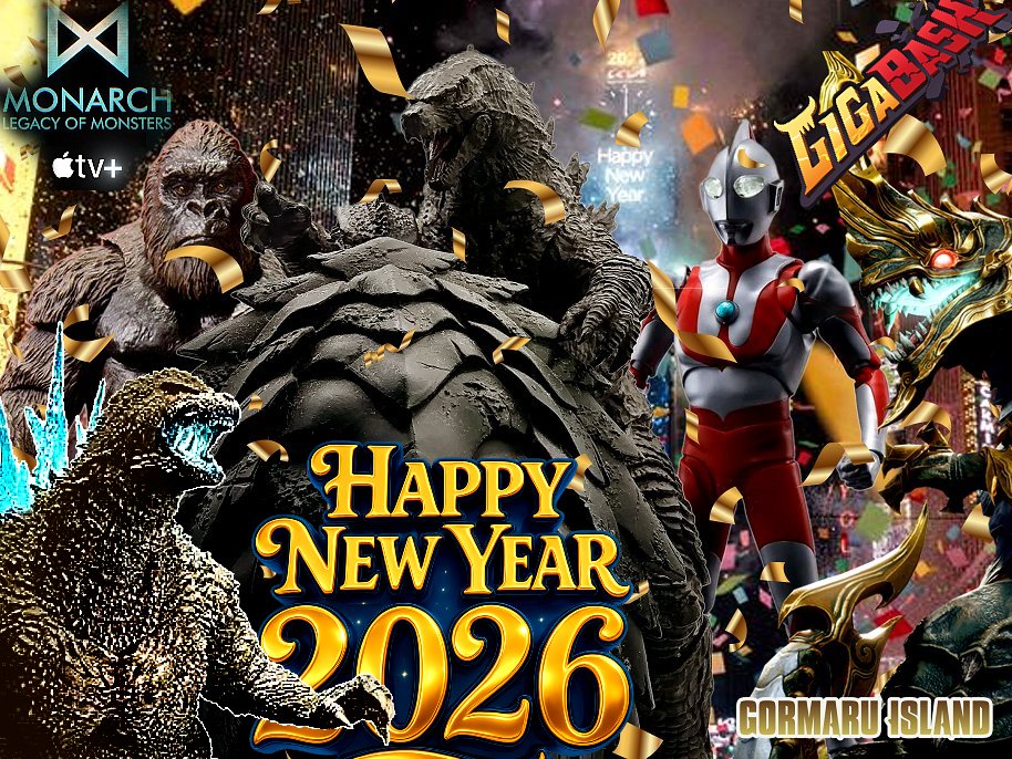 GormaruIsland's tweet photo. HAPPY NEAR YEAR 2026!!! Here's to a monstrous year filled with Monsterverse thrills, new Titans, kaiju anniversaries, greatness at the theaters, and much, much more! 
#Godzilla #Ultraman #Gamera #Kong #HappyNewYear2026 #GodzillaMinusZero #HappyNewYear #GigaBash https://t.co/CIYZR6Zvp7