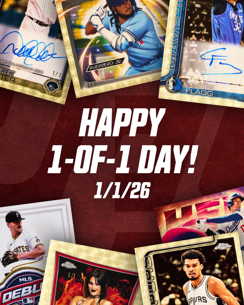 Topps's tweet image. Happy #1of1Day!! 🎆

Throughout the day, we’ll be showing off a bunch of new upcoming 1/1 trading cards.

And we’ll be sharing tons of your posts about YOUR favorite 1/1’s…use #1of1Day as you share your cards!

2026 is going to be a great year for the hobby…let’s start if off…