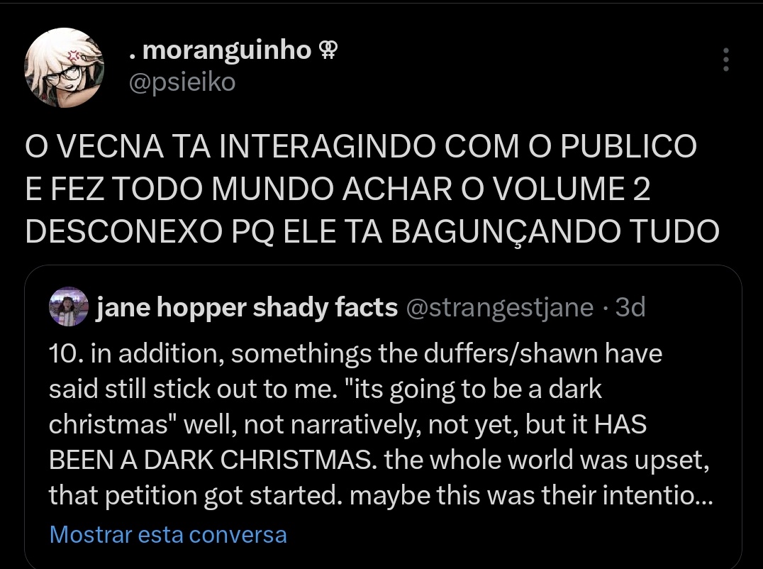 psieiko's tweet image. nao teve... nada. nao teve vecna nos manipulando, nao teve cenas cortadas, nao teve Will possuido... nao teve absolutamente nada.

o roteiro do volume 2 nao passava de um grande furo de roteiro, sem respostas e sem soluções. era só escrita ruim mesmo, só isso
