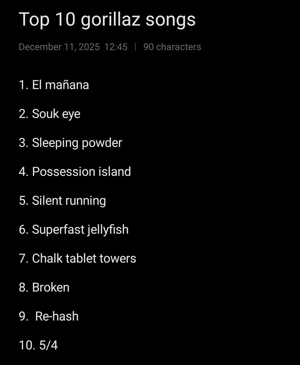 I Don't think I've posted my top gorillaz songs yet?

 Well anyway here's my updated top 10