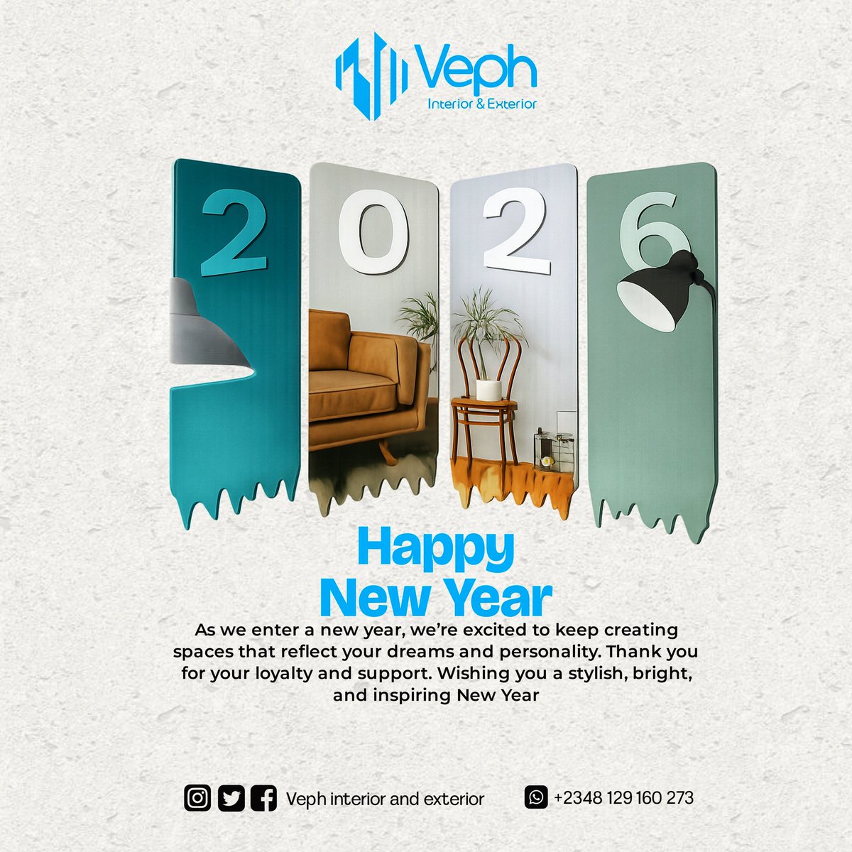 Happy New Year 🎉

Thank you for the trust, support, and opportunities you contributed to Veph Interiors &amp; Exteriors that brought us here.

 We’re looking forward to a new year of growth, meaningful projects, and beautiful spaces executed well.

Wishing you a great year ahead.