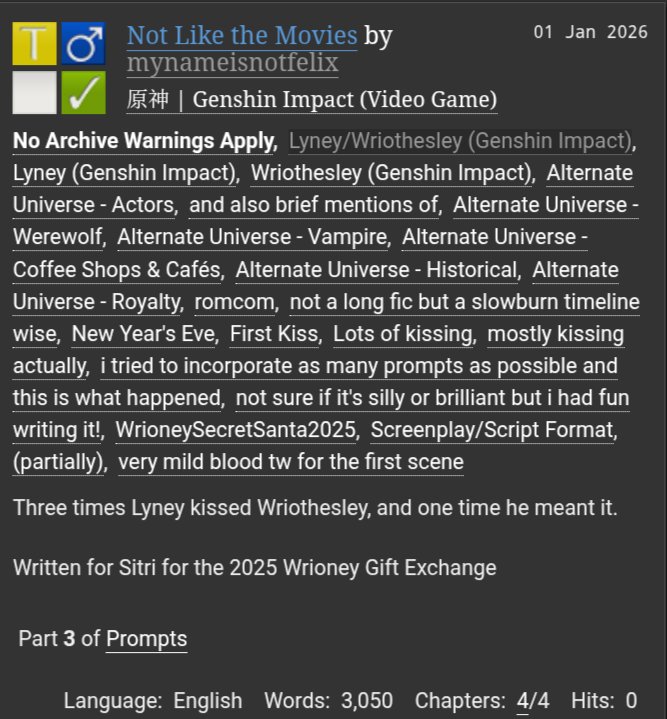 notavampyr's tweet photo. At long last, my Secret Santa fic for @sitrigoi ! Happy holidays, I hope you love it 🫶🏼🎩

#wrioney #WrioneySecretSanta2025

https://t.co/KenKlhPbBs https://t.co/Cy6aoQzT5N