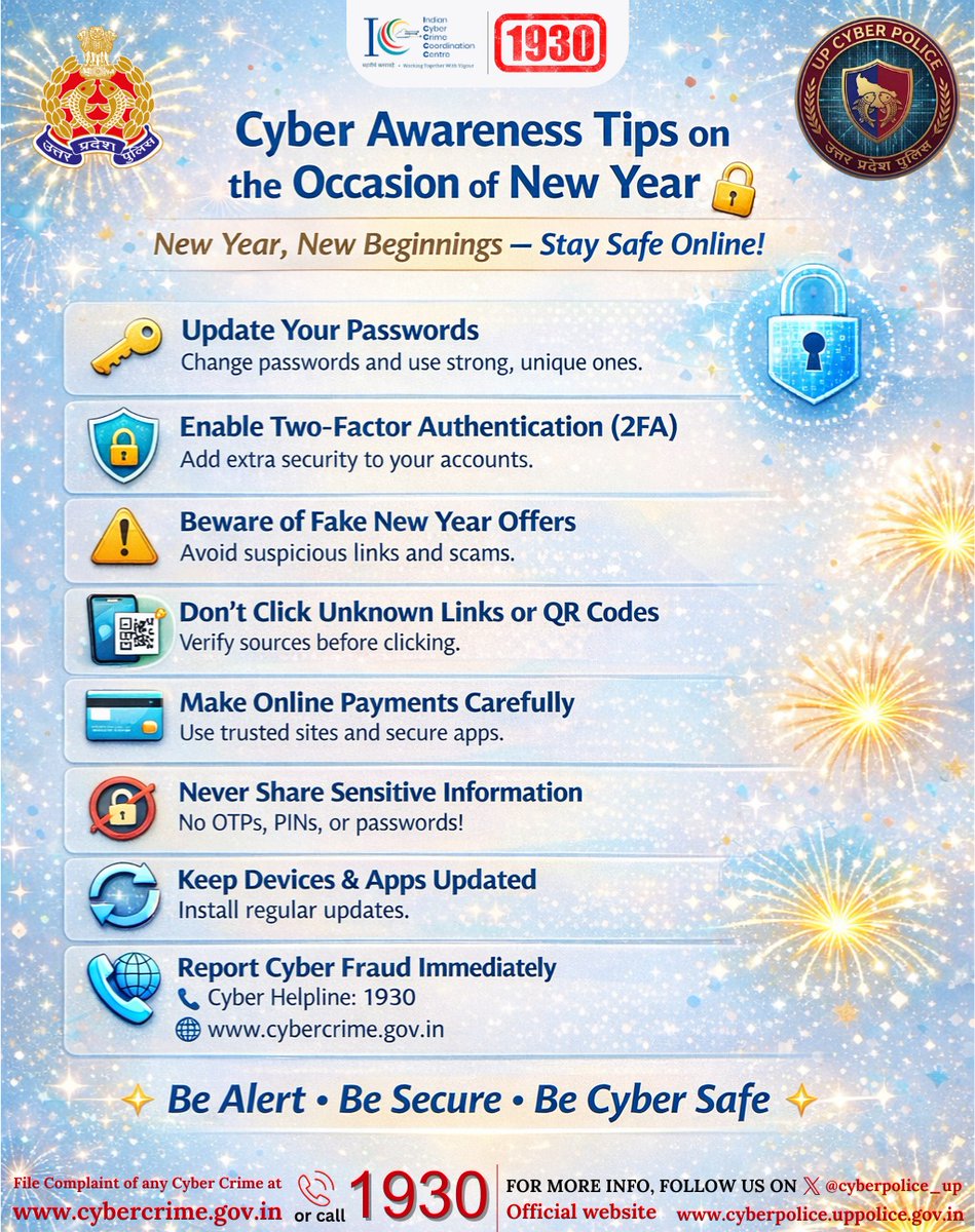 cyberpolice_up's tweet photo. “New Year Resolution: Protect Your Digital Identity.”
“Celebrate the New Year, Not Cyber Regrets.”
“New Year, New Goals — Stay Cyber Secure.”
🚨 “Faced online fraud? Don’t wait — call 1930 or visit https://t.co/D8k3mbRj3V immediately!” https://t.co/efPVLyo1dj