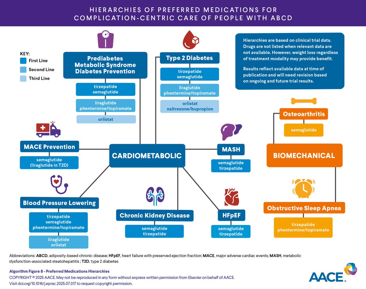 aminulsomc46's tweet photo. New era of Obesity management. GLP-1–based therapies (especially tirzepatide &amp; semaglutide) dominate across most complications. Drug hierarchy is based on trial evidence, not theoretical weight loss.

#AACE
#obesity 
#diabetes 
#semaglutide 
#tirzepatide https://t.co/QO1NDUJnEt