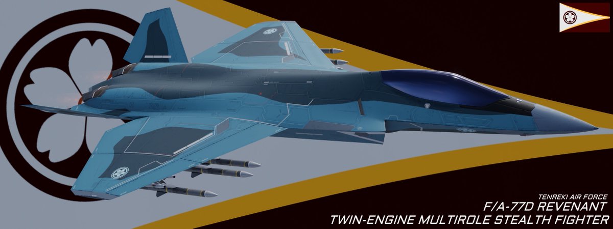 Aryx3D's tweet image. The Tenreki Air Force is one of the largest F/A-77 Revenant operators outside of Ardana (the aircraft's manufacturing nation), operating some 270 F/A-77Ds. 

Shown here in a maritime patrol livery with a non-stealth loadout of six AAM-135B Longbow long-range air to air missiles…