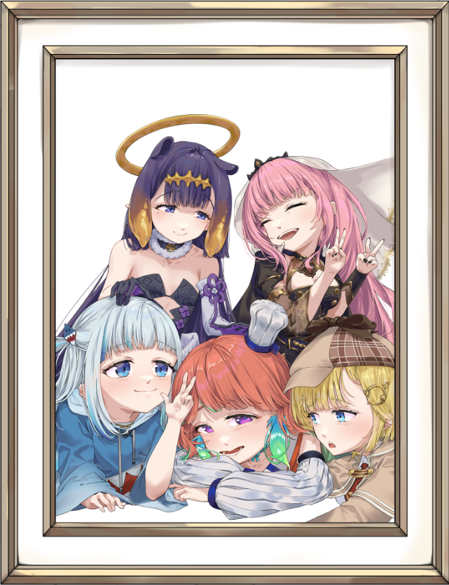 meow_natsuyuki's tweet image. -Myth forever-
one of illustration in my fan artbook for FF46 in Taiwan
💜💛💙🩷🧡
#hololiveMyth #inART #callillust #KFPicasso 
老實說，好懷念5人都在的那個熱鬧時光