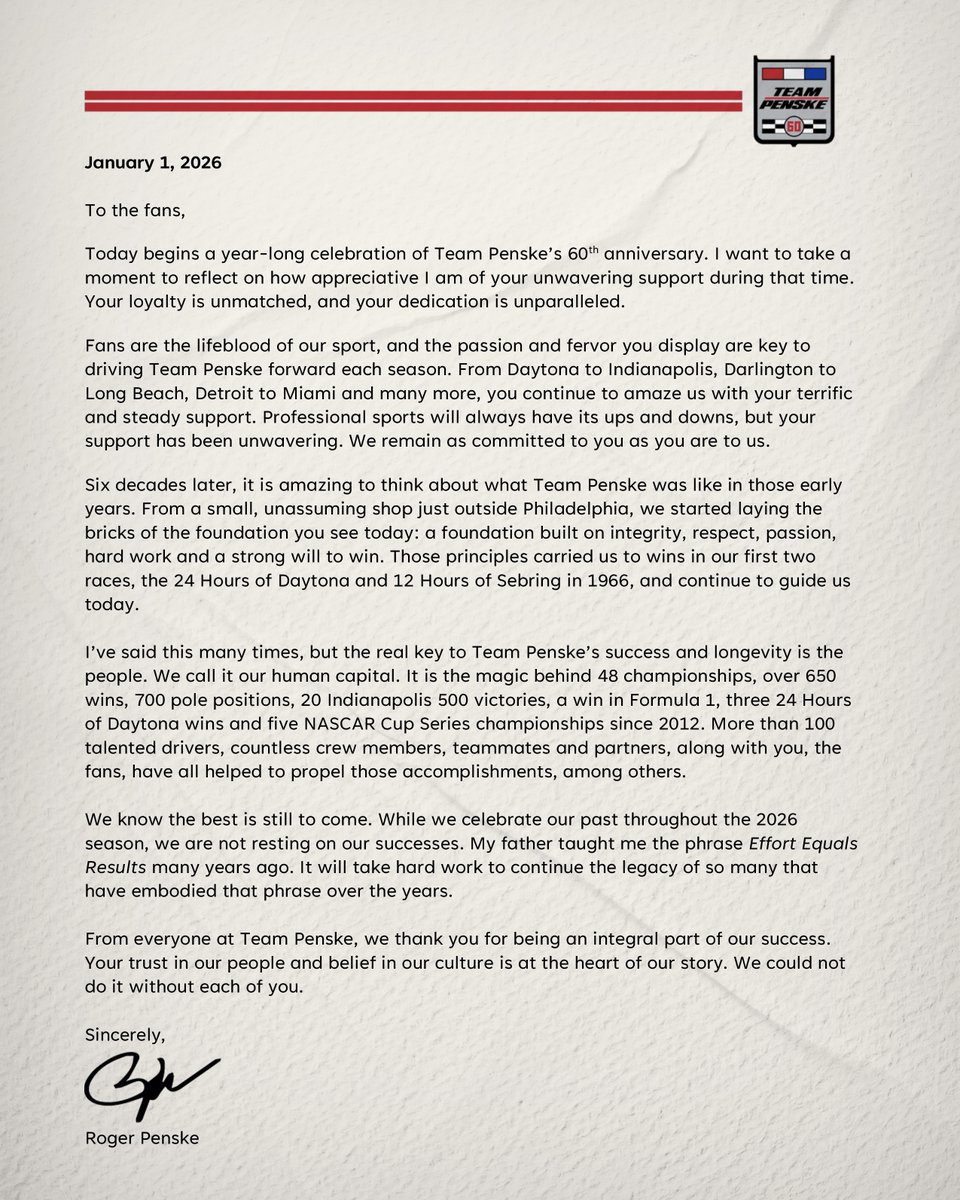 Team_Penske's tweet photo. From The Captain to our fans. #Penske60 https://t.co/vIo1bFjypB