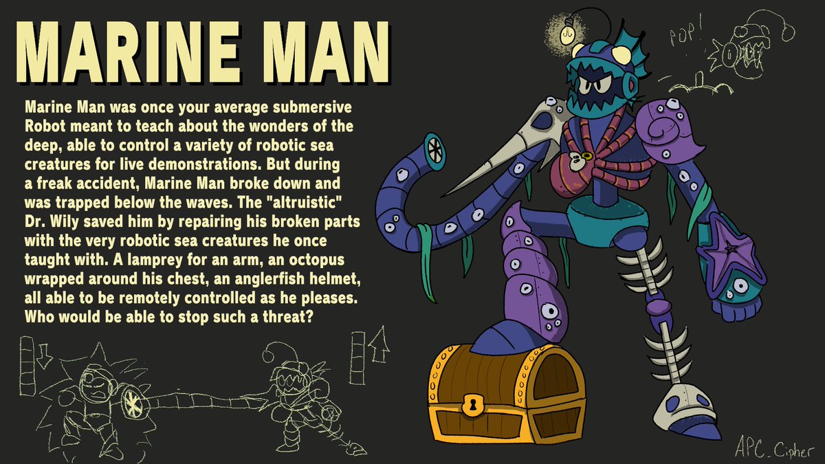 APC_Cipher's tweet image. #MegaManDO #DesignARobotMaster 

Marine Man, master of the deep sea! Commands the (robotic) creatures of the ocean that now compose his body! He's got a big lamprey for an arm! 

Was a lot of fun designing him, good luck to everyone!

- APC_Cipher