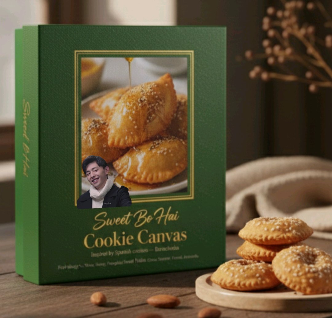 Cookie Box~9
#DengLunShines2026
#Denglun
Inspired by Spanish cookies — Borrachuelos
Fried dough soaked in wine&amp;anisette &amp;flavored with citrus, sesame&amp;fennel seeds, filled with pumpkin&amp;dipped in honey.
Cookie Name - Sweet Bo Hai
Brand Name - Cookie Canvas
💚 Happy New Year 2026 💚