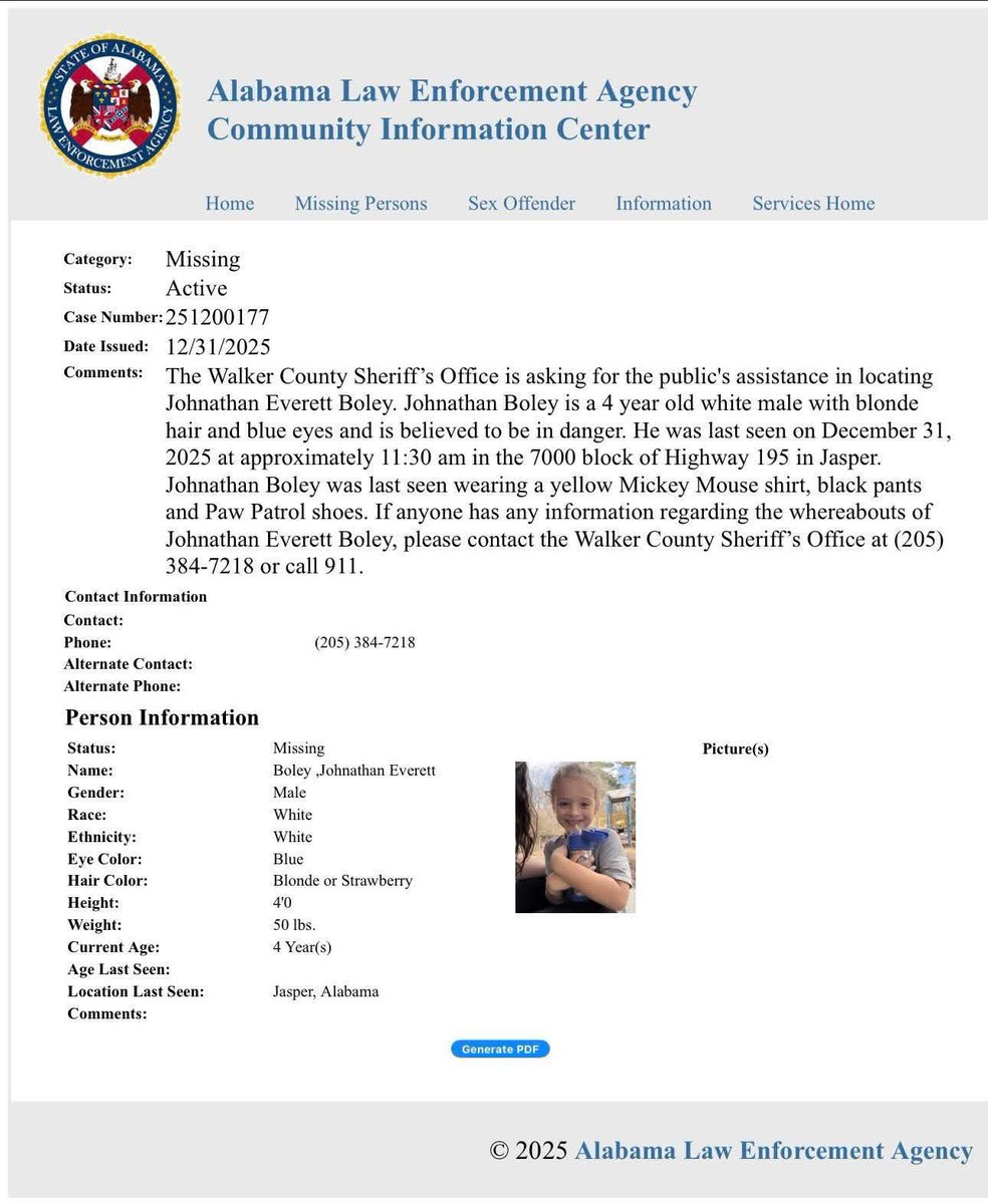 901Lulu's tweet image. Johnathan Everett Boley (4) was last seen around 11:30am in Jasper, Alabama, in the 7000 block of Highway 195. He was wearing a yellow Mickey Mouse shirt, black pants, and Paw Patrol shoes. Possibly with the dog pictured below. He is believed to be in danger. Please share.…